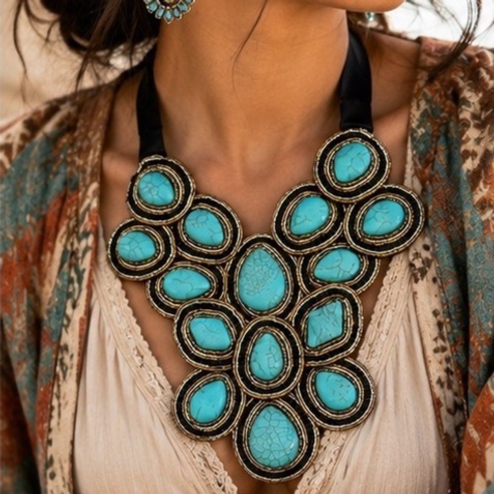 Turquoise-Hued Cabochons Southwestern Bib Necklace Handmade Ribbon Tie Back - Picture 6 of 9